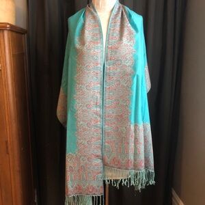 Turquoise and Pink Paisley & Solid Pashmina Scarf 27” x 80”